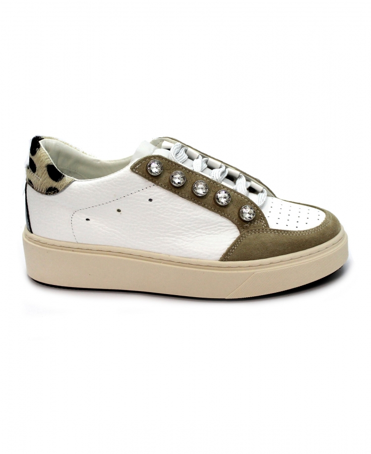 DIVINE FOLLIE RALLY beige dalmata maculato bianco scarpe donna sneakers lacci pelle cavallino strass