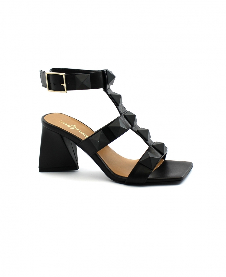 LES TULIPES 0470TP nero scarpe donna sandalo tacco triangolo borchie cinturino fibbia