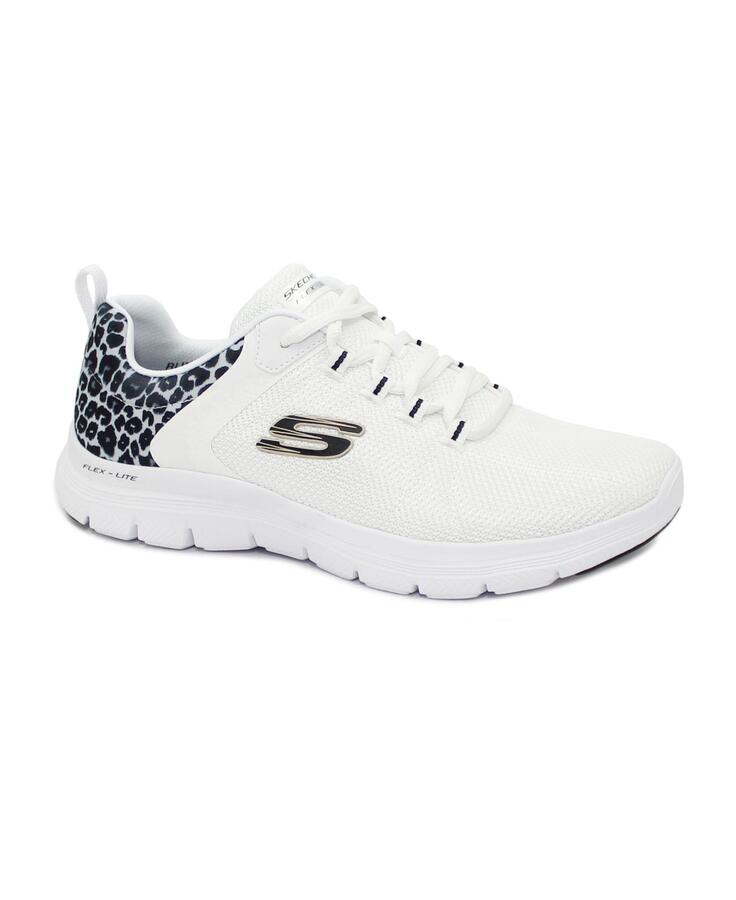 SKECHERS 149582 FLEX APPEAL 4.0 white bianco scarpe donna lacci memory foam leopardata